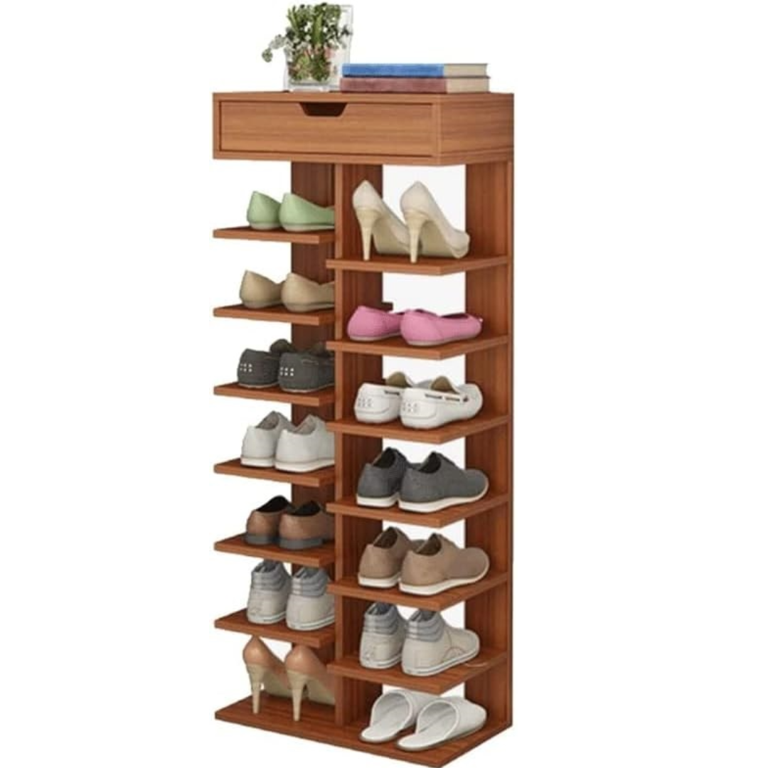 Pantofar dublu spatios, cu 7 etaje, elegant si versatil, culoare lemn inchis