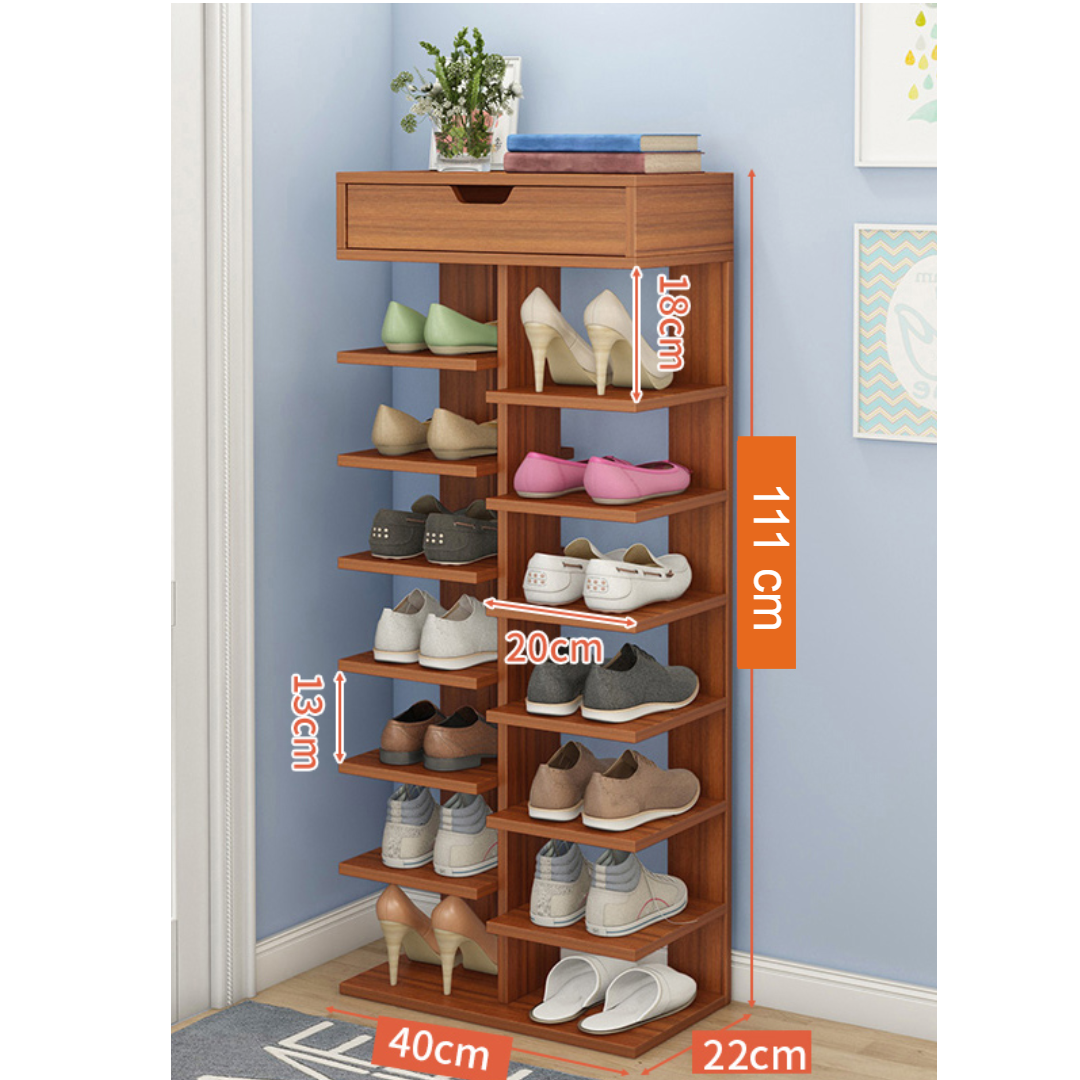 Pantofar dublu spatios, cu 7 etaje, elegant si versatil, culoare lemn inchis