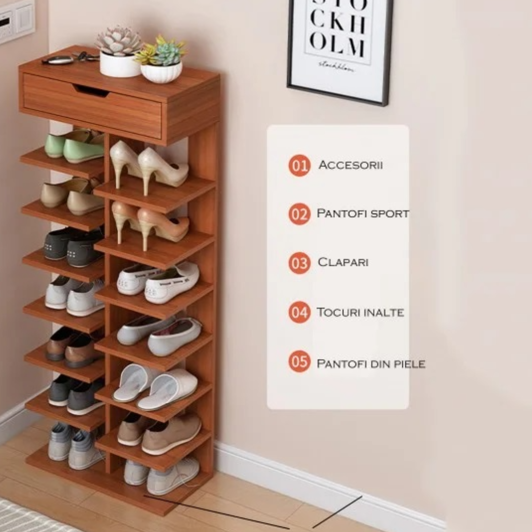 Pantofar dublu spatios, cu 7 etaje, elegant si versatil, culoare lemn inchis