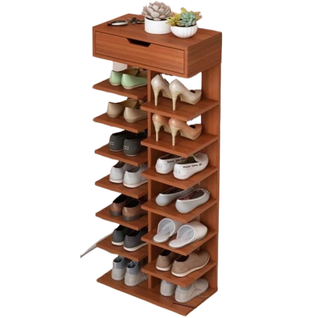 Pantofar dublu spatios, cu 7 etaje, elegant si versatil, culoare lemn inchis