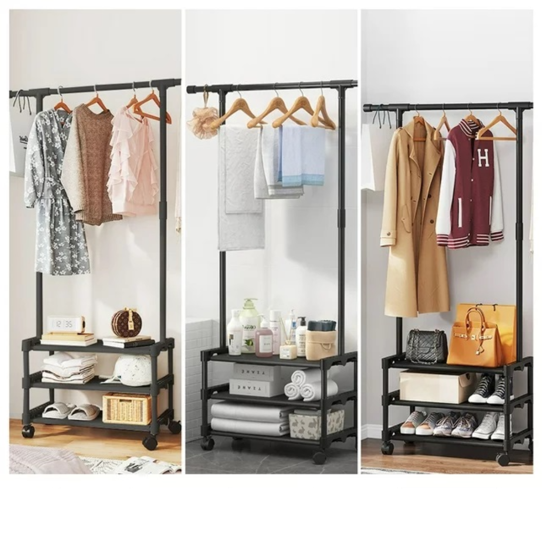 Organizator haine si incaltaminte, cu bara pentru umerase si 3 polite