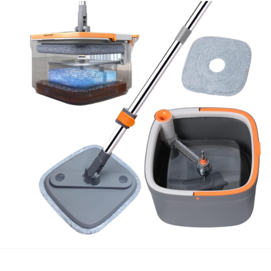 Set  mop cu galeata, mop rotativ si microfiba, maner otel inoxidabil, stoarcere automata